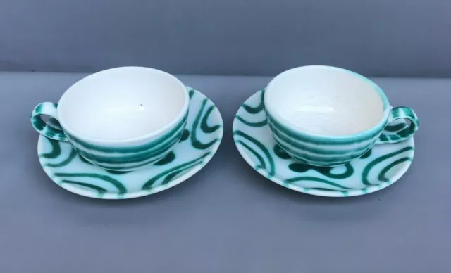 Vintage Gmundner Keramik Green Stripe Two Tea or Coffee Cups and Saucers