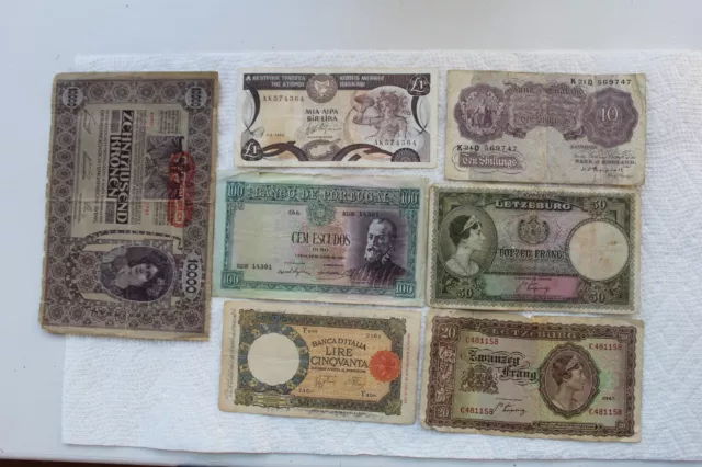 European Banknotes, 7 total, Portugal, Luxembourg, UK, Italy, Cyprus, Austria