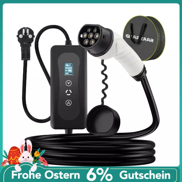 Typ2 EV Ladekabel Ladebox 8/10/13/16A Ladegerät mit Bildschirm Schuko 5m GEARZAA