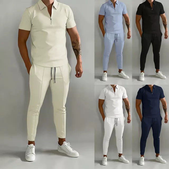 Mens Summer 2PCS Solid Outfits Set Short Sleeve Shirts Pants Tracksuits Set US