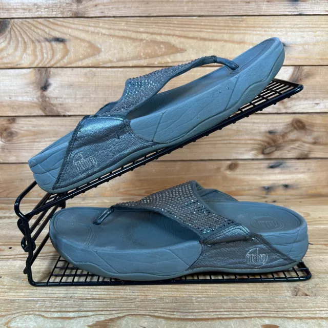 FITFLOP Lulu Crystal Size UK 6 Womens Grey Slip On Embellished Sandals Flip Flop