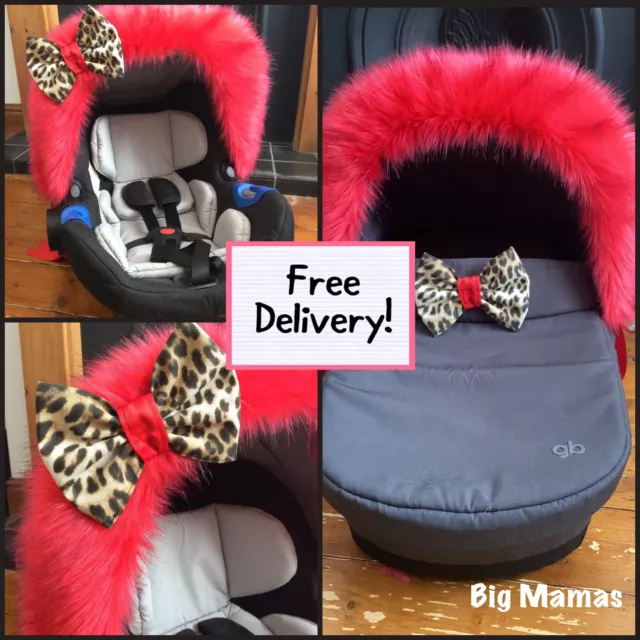 Luxury CORAL RED Faux Fur Hood Trim & LEOPARD Print Bow -Pram Buggy Carseat-