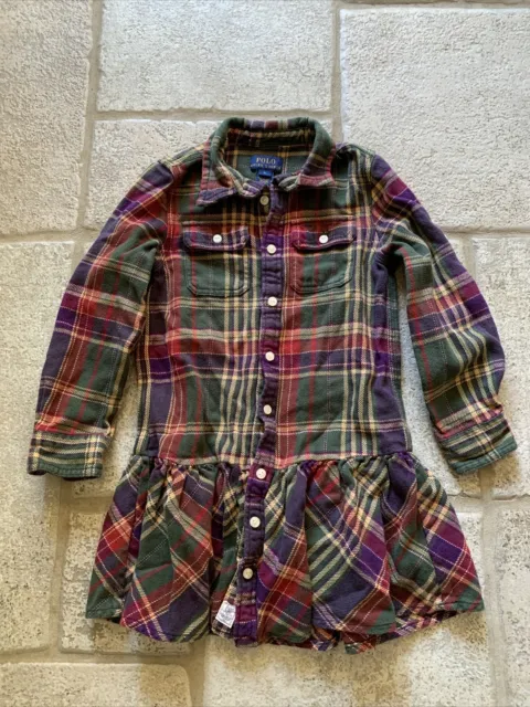 Ralph Lauren Childrenswear Girls Plaid Cotton Twill Dress Long Sleeve 5 Purple