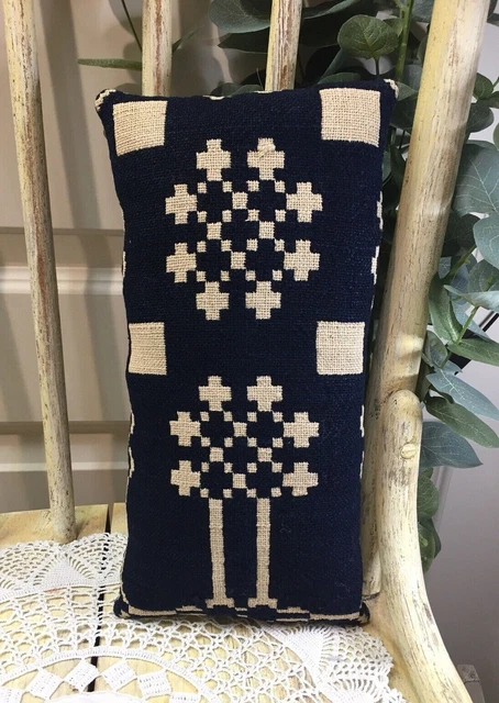 Antique Indigo & Ecru Woven Wool Coverlet Tuck ~ Pillow ~ AAFA