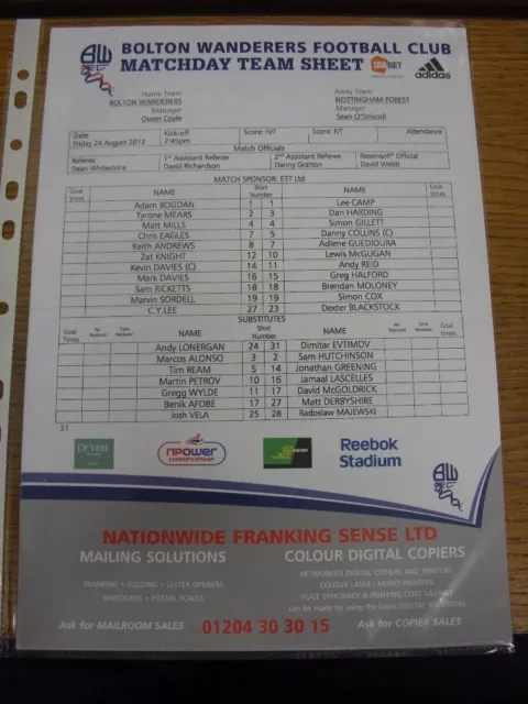 24/08/2012 Colour Teamsheet: Bolton Wanderers v Nottingham Forest (folded). Foot