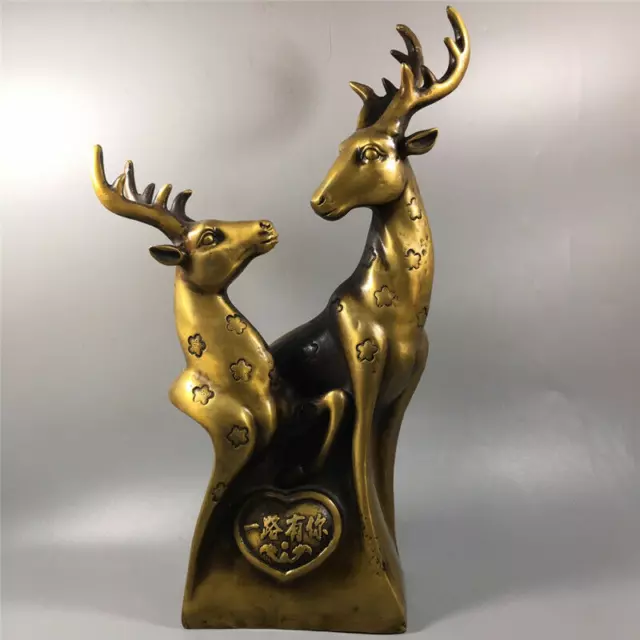 15.75" Chinese Exquisite pure brass Handmade Double deer statue Xuande Mark 2