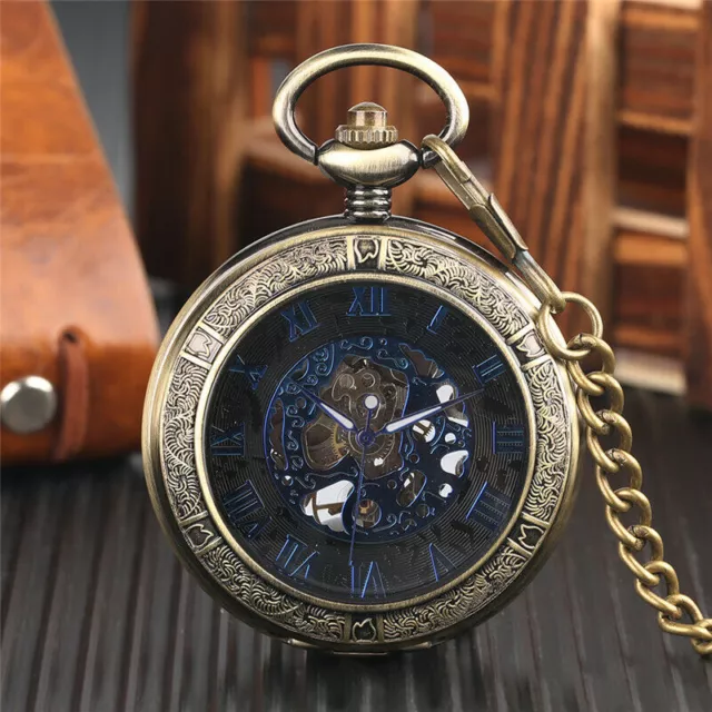 Bronze Unisex Hand-winding Mechanical Pocket Watch Pendant Chain Luminous Hands