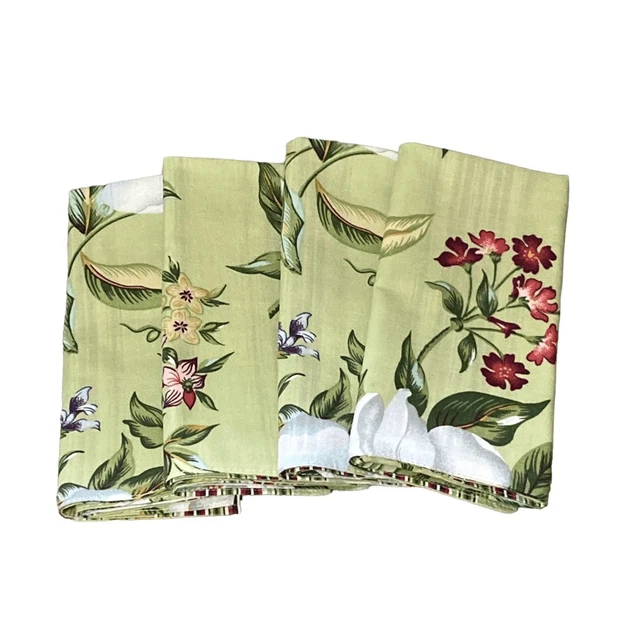 Cotton Cloth Napkins Set of Four Green Red Blue Floral Reversible Striped Print