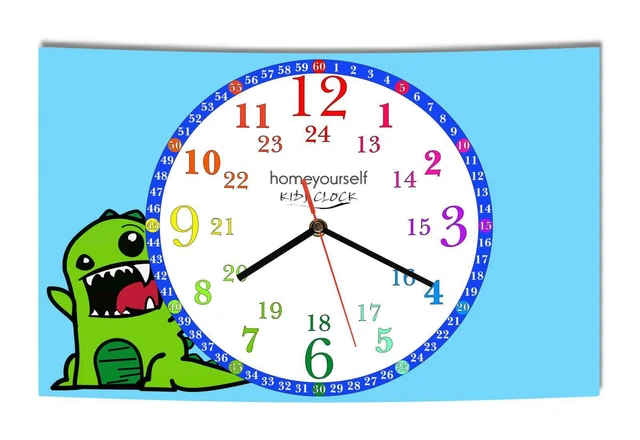 LAUTLOSE Wanduhr Kinder Lernuhr Junge Monster hellblau zur Einschulung Uhr moder