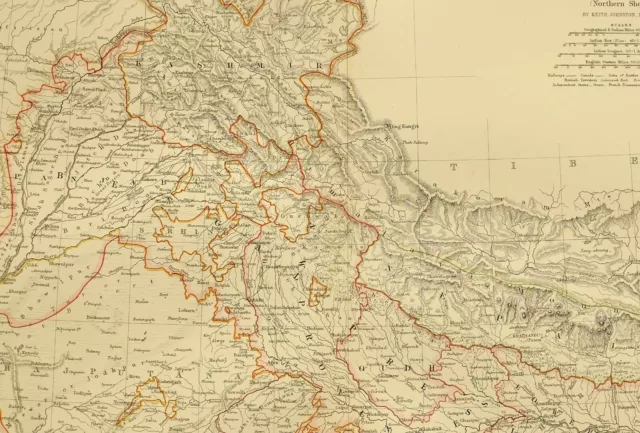 1873 Hand Coloured Map Northern India Kashmir Nepal Bhotan Bombay Rajputana