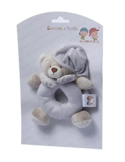 GAMBERRITOS BABY SONAJERO - OSO DE PELUCHE SUAVE Y ATERCIOPELADO - GRIS - 14 cm - 0m+ 3