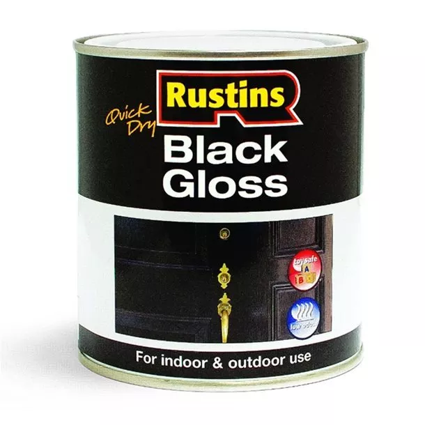 Rustins Quick Dry Black Gloss Paint 1 Litre For Indoor & Outdoor Use Water Based