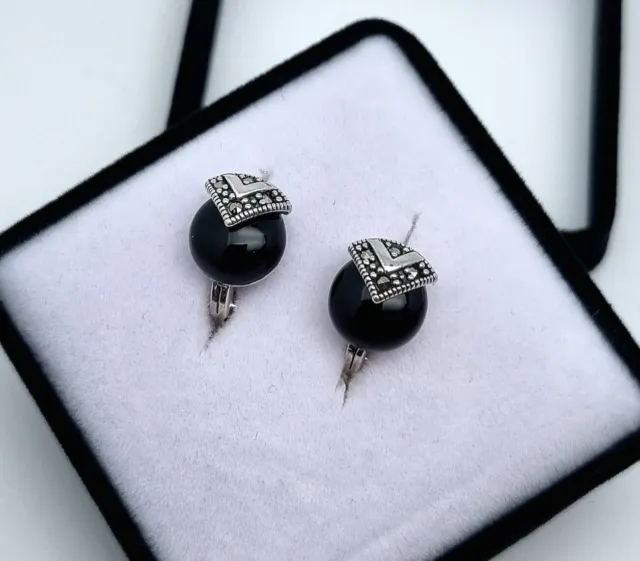 Natural Black Onyx and Marcasite gems Earrings, sterling silver 925