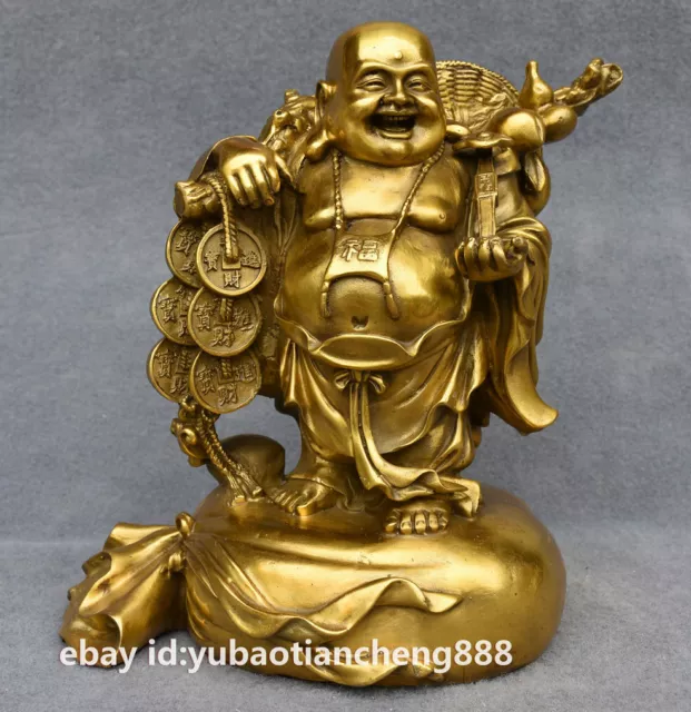 Chinese Buddhism Brass RuYi money bag wealth Happy Laugh Maitreya Buddha Statue