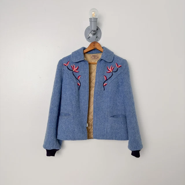 Vintage 1940s Embroidered Wool Zip Front Jacket Size M