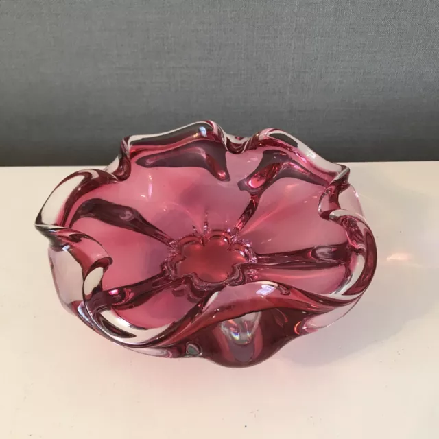 Vintage Large Chribska Czech Art Glass Sommerso Pink And clear Bowl Centrepiece