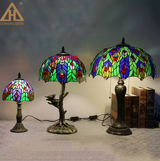 Tiffany Table Lamp Vintage Peacock Stained Glass Bedside Desk Lamp Light Decor