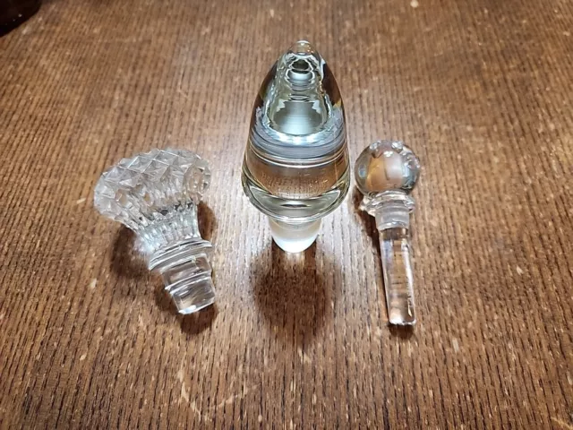 Lot of 3 Various Designs & Sizes of Decanter Bottle Glass Stoppers