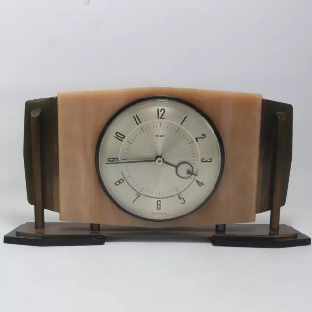 Metmec Art Deco Brass Onyx Effect  Mantel Clock / Made In England - Working