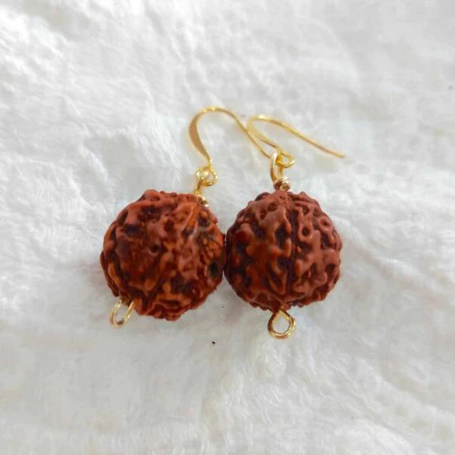 Fashion natural brown round Rudraksha bead gold earrings Beautiful Thanksgiving