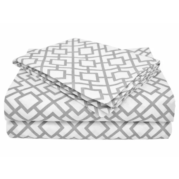 TL Care Cotton Percale 3-Piece Toddler Bedding Sheet Set, Grey Lattice
