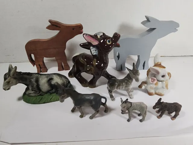9 Donkey Figurines Wood Ceramic Porcelain Resin Donkeys Mules Burros Japan LOT