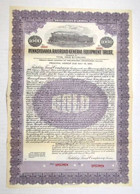 PA. Pennsylvania Railroad General Equipment Trust., 1926. $1000 Specimen Bond