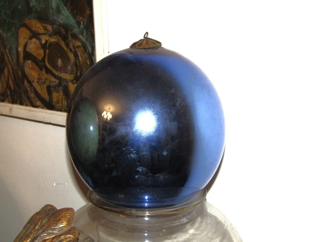 ANCIENNE GROSSE BOULE de Noël ou Pardon Verre Eglomisé Bleu Epoque Fin