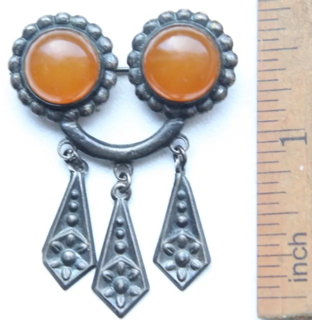 Antique Vintage Ethnic Silver Brooch Pin Fibula With Amber And Pendants 7.7 Gram