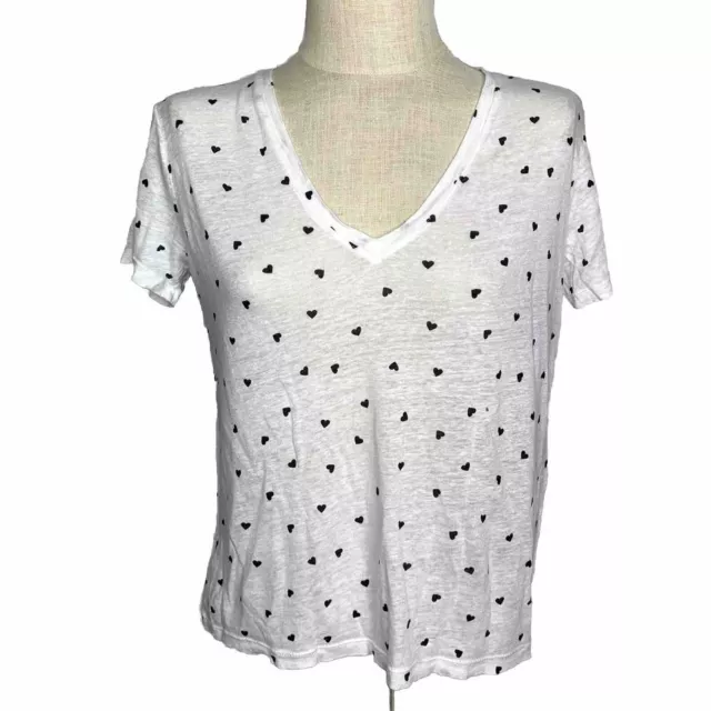 Rails Cara White Black Heart Print Linen V Neck Tee S