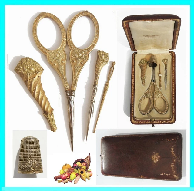 Ancien nécessaire set de couture ARGENT VERMEIL Ciseaux brodeuse à Coudre écrin