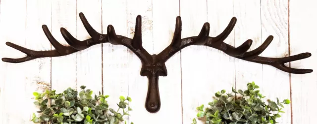 Cast Iron Western Rustic Comical Deer With Large Antlers 12-Peg Wall Hook Decor