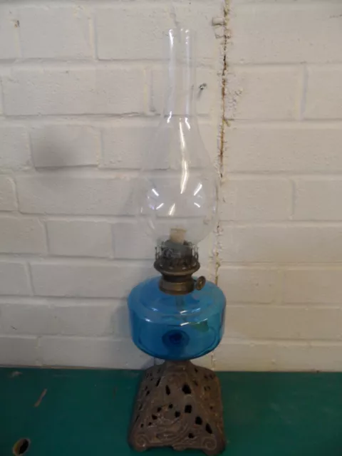 Old WELCO Oil Lamp Cast Iron Base & Sky Blue Glass Reservoir & Glass Chimney