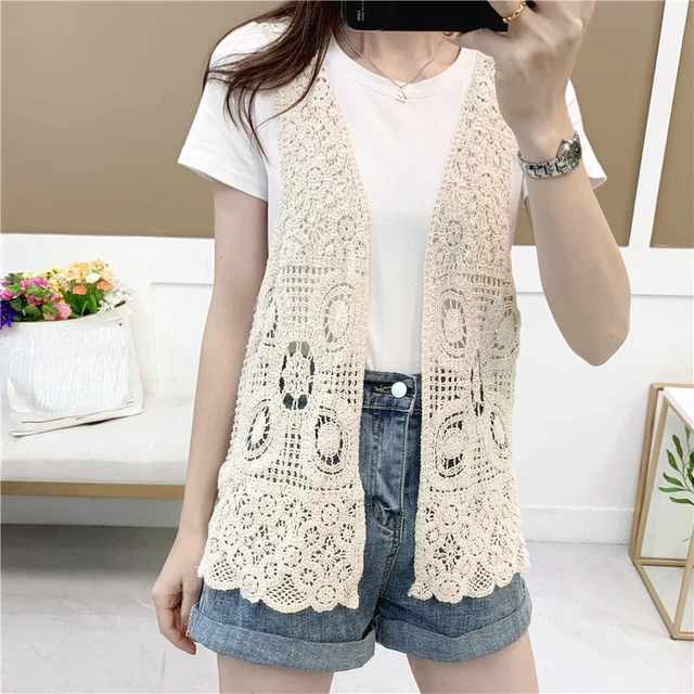 Cardigan Femme Dentelle Crochet Brodé - Col V, Manches Longues - Beige - Neuf Avec Étiquettes