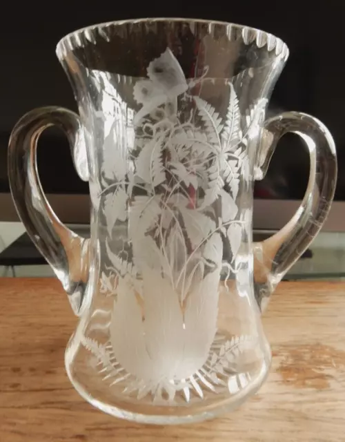 Antique Glass Joseph Keller Style Engraved Butterfly Large Trophy Tankard 6 4/8"