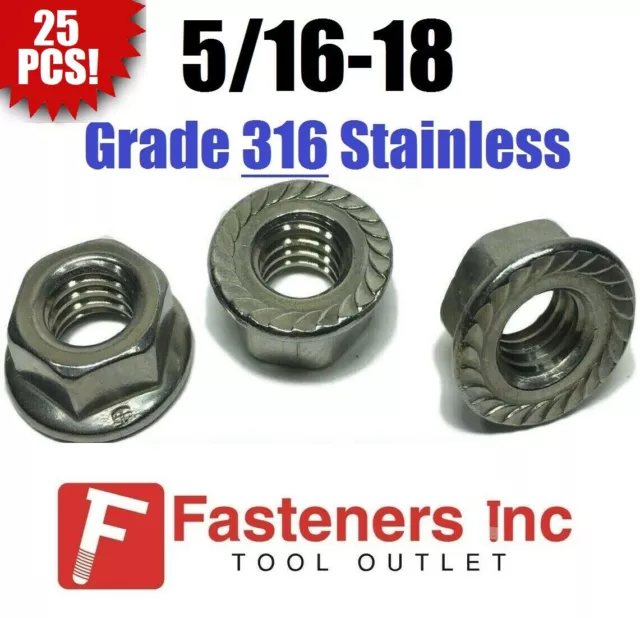 (Qty 25) 5/16-18 Stainless Steel Hex Flange Nut Locknuts Serrated GRADE 316