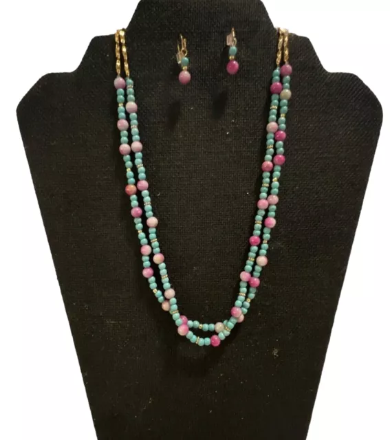 Gold plated turquoise pink ceramic bead necklace/dangle drop earrings set