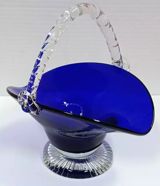 Cobalt Blue Art Glass Basket Clear Base & Ribbed Handle 71/2" tall Vintage 80s