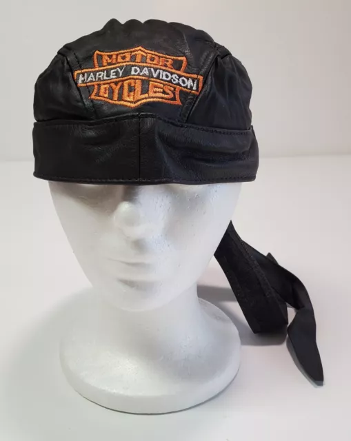 Vintage Harley Davidson Leather Skull Cap Head Doo Rag Bar Shield Biker Bandana