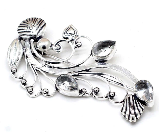 925 Sterling Silver White Topaz Gemstone Handmade Jewelry Brooch Size-2.50''
