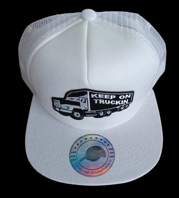 Keep On Truckin  Trucker Patch Hat Snapback White Flat Brim Funny