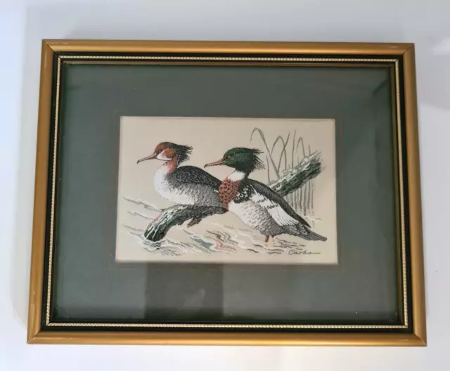 Ein Cash Miniatur gewebtes Seidenbild gerahmt, mit Details zu einem roten Brustmerganser
