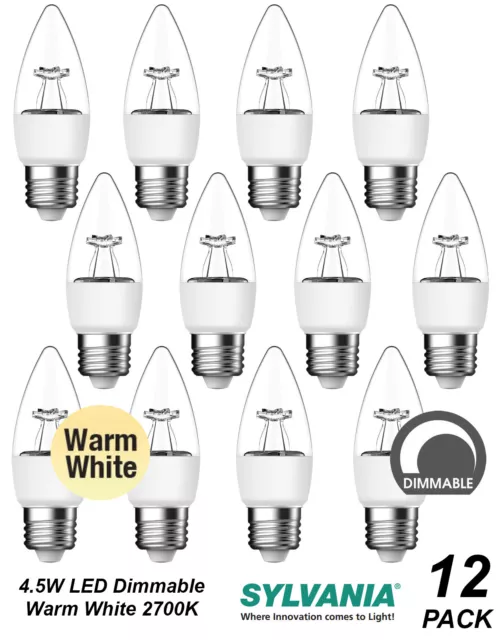 12 x Sylvania DIMMABLE LED 4.5W Clear Candle Light Globes / Bulbs Screw E27 Warm
