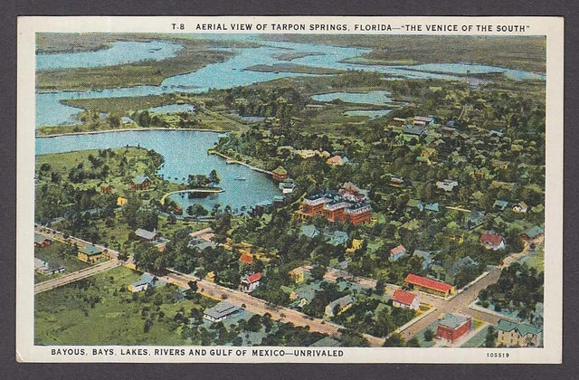 Aerial View of Tarpon Springs FL Bayous Bays Gulf of Mexico postcard 1930s