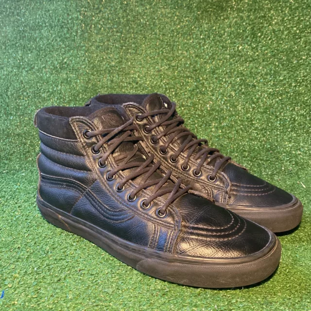 Vans Leather Hi Top Lace up Shoes Sneakers Sz 9 M 10 W All Black Leather EUC