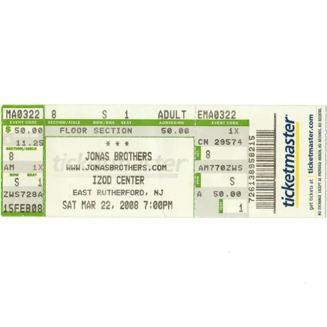JONAS BROTHERS Full Concert Ticket Stub EAST RUTHERFORD NJ 3/22/08 IZOD CENTER