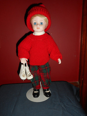 Vintage Porcelain Doll Girl Blonde Hair Blue Eyes Red Knit Sweater Ice Skates