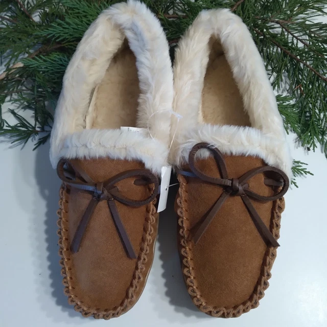 J Crew  NWT  Dark Nutmeg Suede Faux Shearling Moccasin SZ 8 Slippers NEW