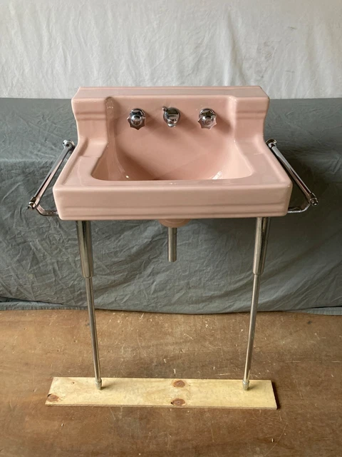 Vtg Deco Coral Pink Porcelain Wall Sink Chrome legs Towel Bars Standard 394-22E