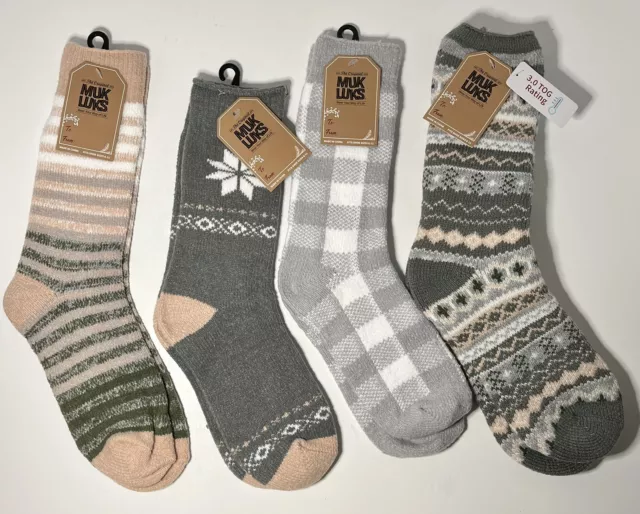 4 pair Womans Muk Luks Socks - 3 Boot Socks and 1 Heat Retainer Socks Cream Gray